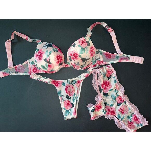 Victoria's Secret Other - Victoria's Secret 34B,34D BRA SET S Panty Lot floral satin PINK rose SHINE STRAP